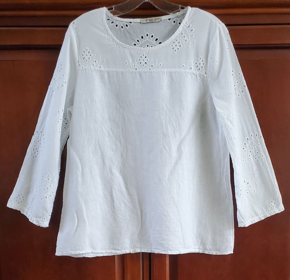 Francesca Bettini Size S White Linen Blouse Top Made in Italy Shirt Eyelet